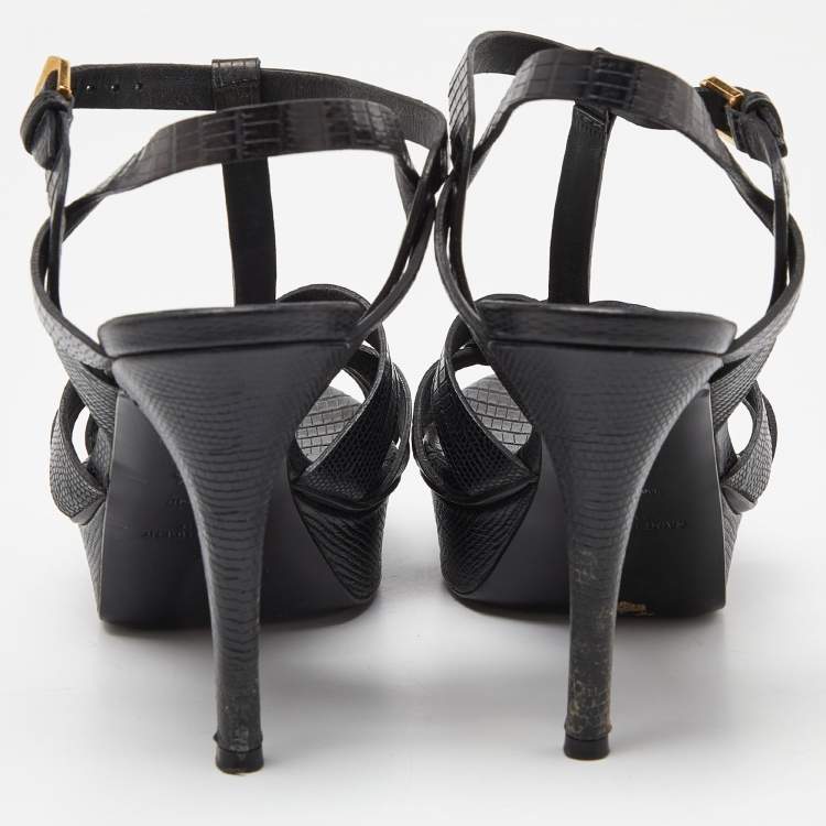 Pre Owned Saint Laurent Black Croc Embossed Leather Tribute Ankle Strap Sandals Size 37.5