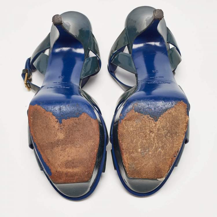 Pre Owned Saint Laurent Green Patent Tribute Sandals Size 38