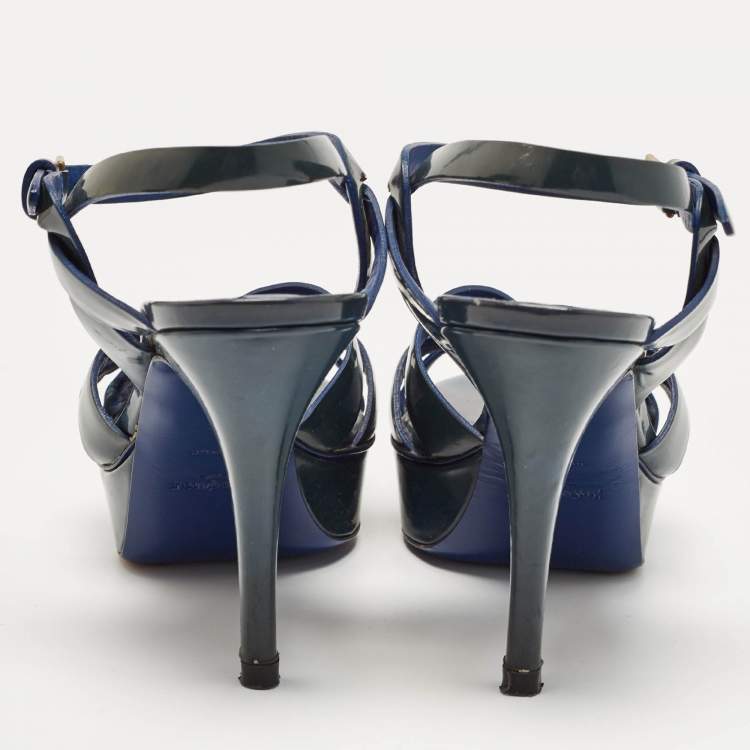 Pre Owned Saint Laurent Green Patent Tribute Sandals Size 38