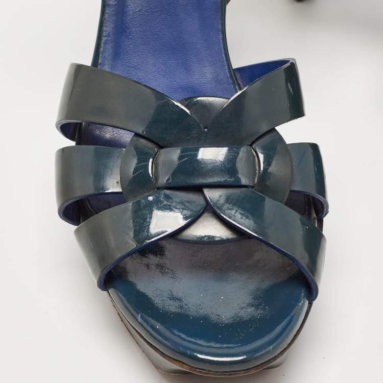 Pre Owned Saint Laurent Green Patent Tribute Sandals Size 38