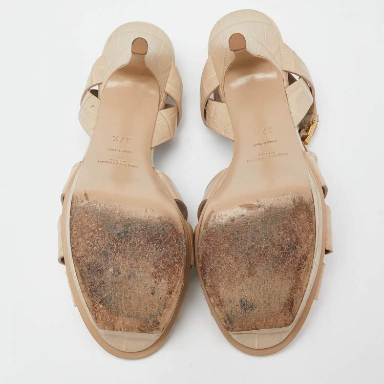 Pre Owned Yves Saint Laurent Beige Croc Embossed Leather Tribute Ankle Strap Sandals Size 37.5