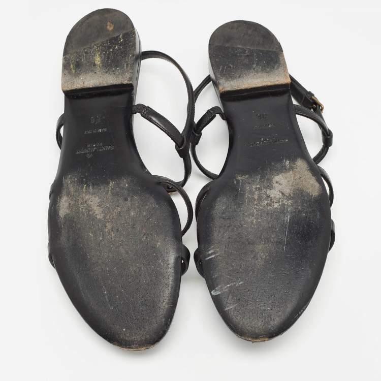 Pre Owned Saint Laurent Black Leather Cassandra Flat Sandals Size 38