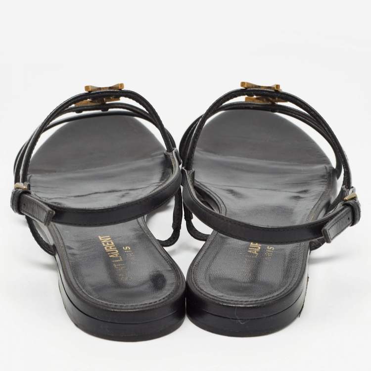 Pre Owned Saint Laurent Black Leather Cassandra Flat Sandals Size 38