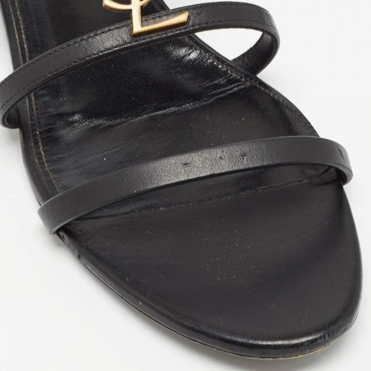 Pre Owned Saint Laurent Black Leather Cassandra Flat Sandals Size 38