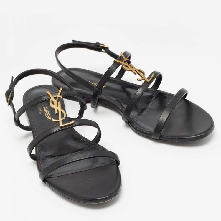 Pre Owned Saint Laurent Black Leather Cassandra Flat Sandals Size 38