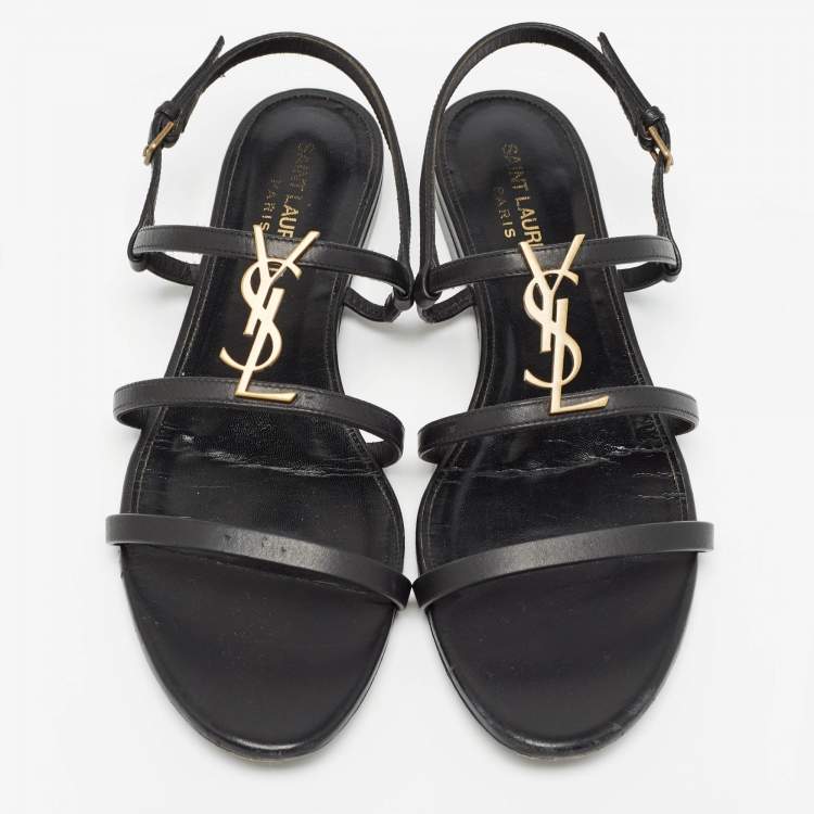 Pre Owned Saint Laurent Black Leather Cassandra Flat Sandals Size 38