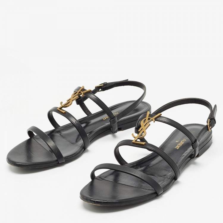 Pre Owned Saint Laurent Black Leather Cassandra Flat Sandals Size 38