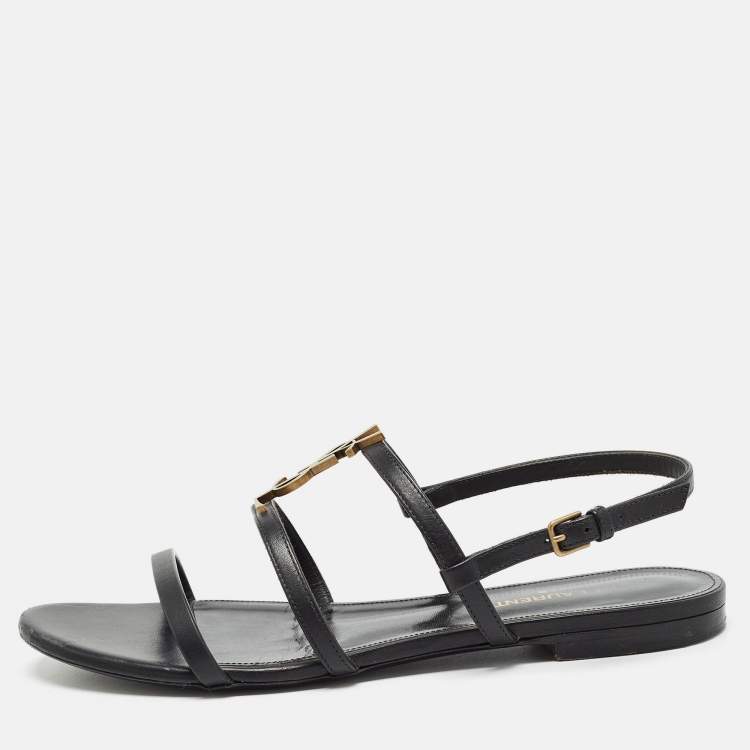 Pre Owned Saint Laurent Black Leather Cassandra Flat Sandals Size 38