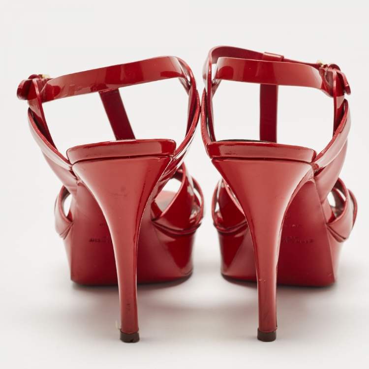 Pre Owned Saint Laurent Red Patent Leather Tribute Sandals Size 38