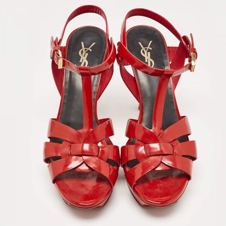 Pre Owned Saint Laurent Red Patent Leather Tribute Sandals Size 38
