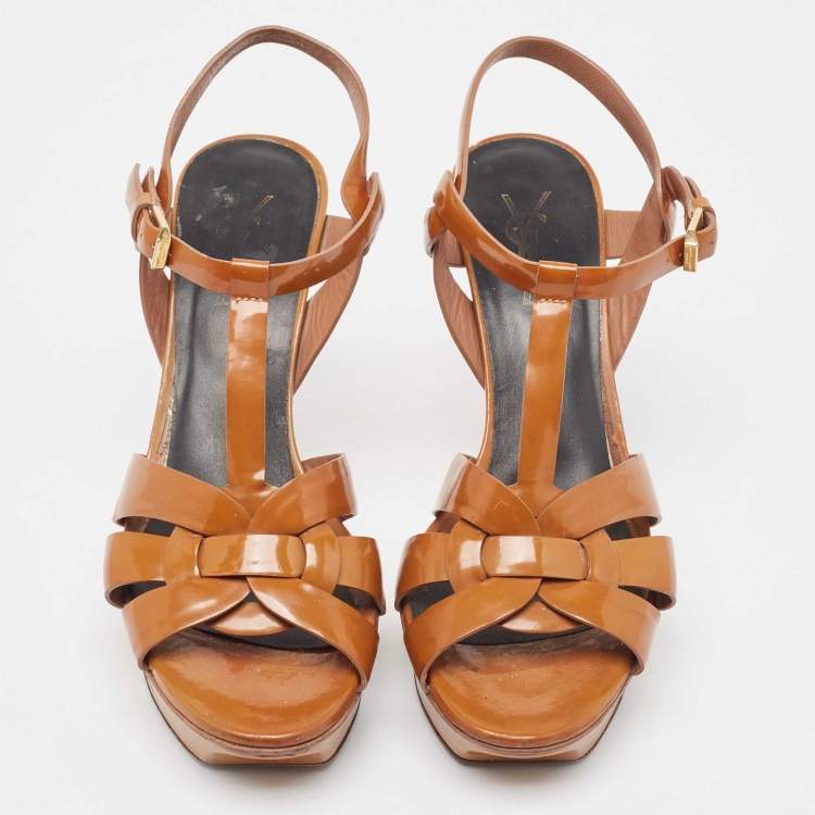 Pre Owned Saint Laurent Brown Patent Leather Tribute Sandals Size 38
