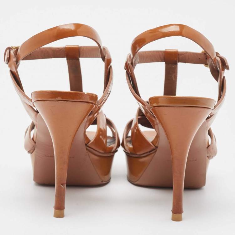 Pre Owned Saint Laurent Brown Patent Leather Tribute Sandals Size 38