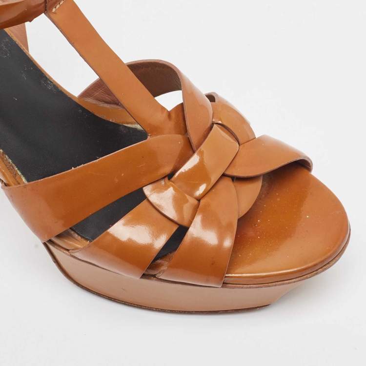 Pre Owned Saint Laurent Brown Patent Leather Tribute Sandals Size 38