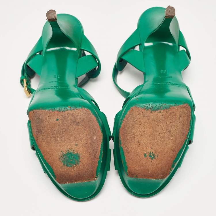 Pre Owned Saint Laurent Green Leather Tribute Sandals Size 38