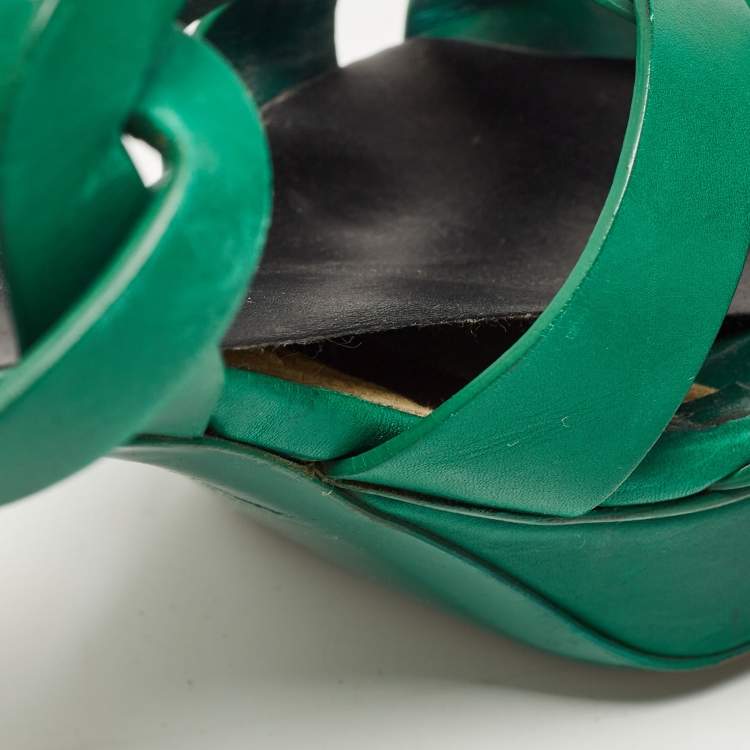 Pre Owned Saint Laurent Green Leather Tribute Sandals Size 38