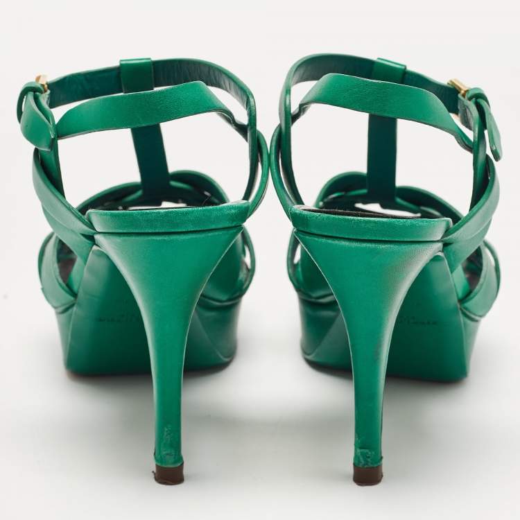 Pre Owned Saint Laurent Green Leather Tribute Sandals Size 38
