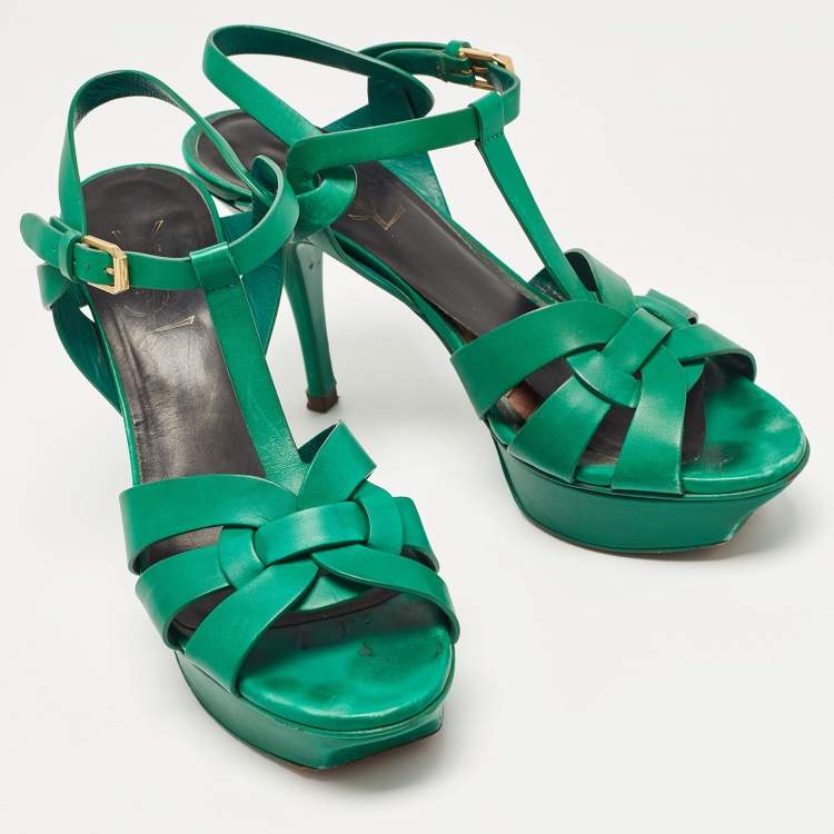 Pre Owned Saint Laurent Green Leather Tribute Sandals Size 38