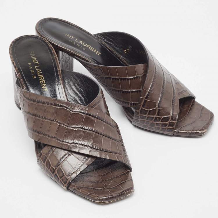 Pre Owned Saint Laurent Brown Croc Embossed Leather Loulou Slide Sandals Size 36