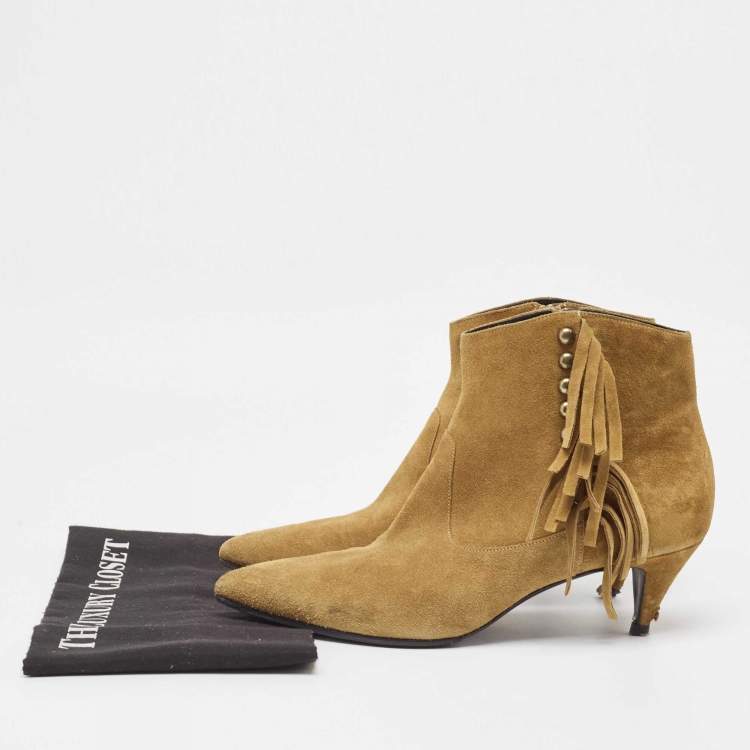 Pre Owned Saint Laurent Brown Suede Fringe Detail Pointed Toe Ankle Boots Size 40