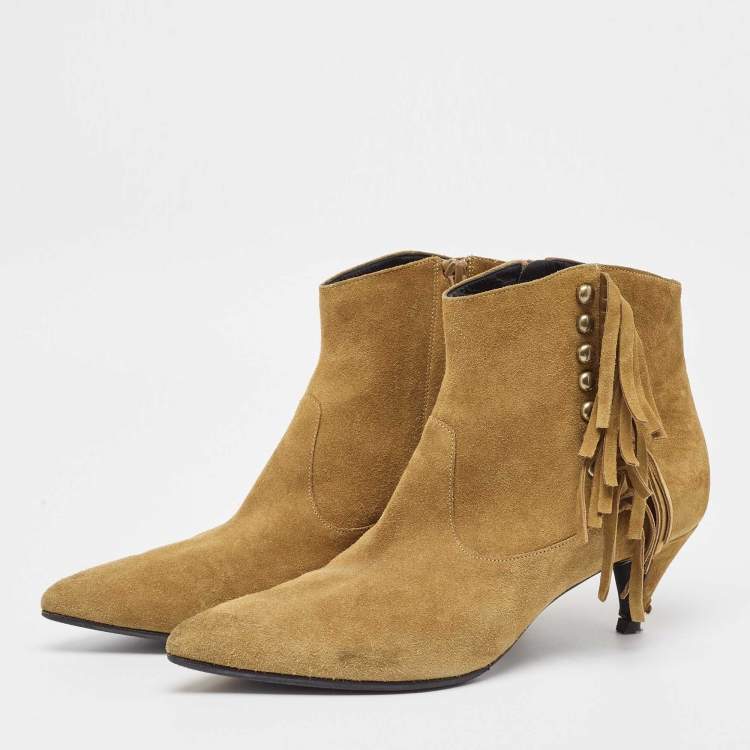 Pre Owned Saint Laurent Brown Suede Fringe Detail Pointed Toe Ankle Boots Size 40