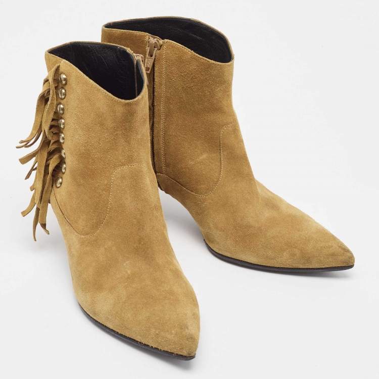 Pre Owned Saint Laurent Brown Suede Fringe Detail Pointed Toe Ankle Boots Size 40