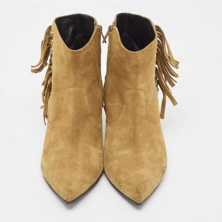 Pre Owned Saint Laurent Brown Suede Fringe Detail Pointed Toe Ankle Boots Size 40