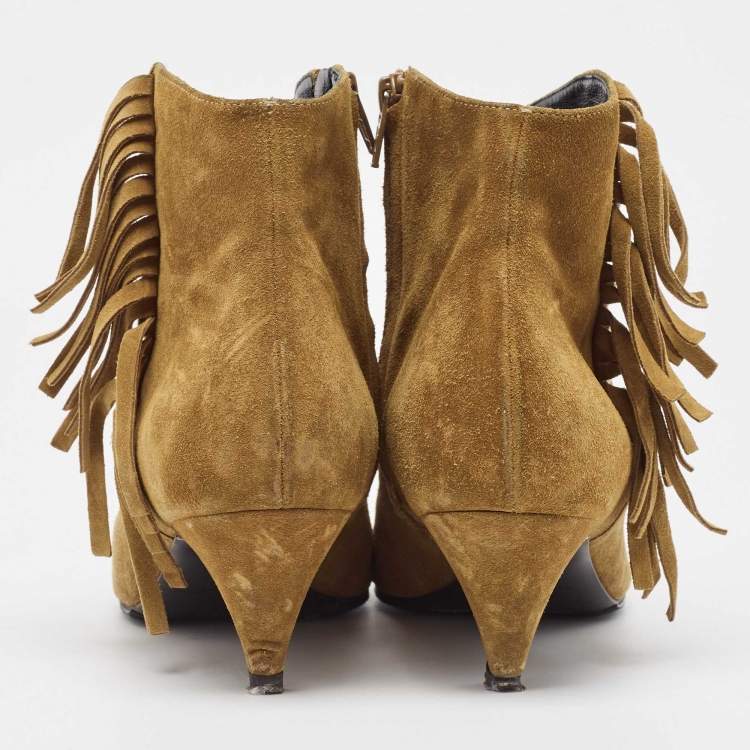 Pre Owned Saint Laurent Brown Suede Fringe Detail Pointed Toe Ankle Boots Size 40