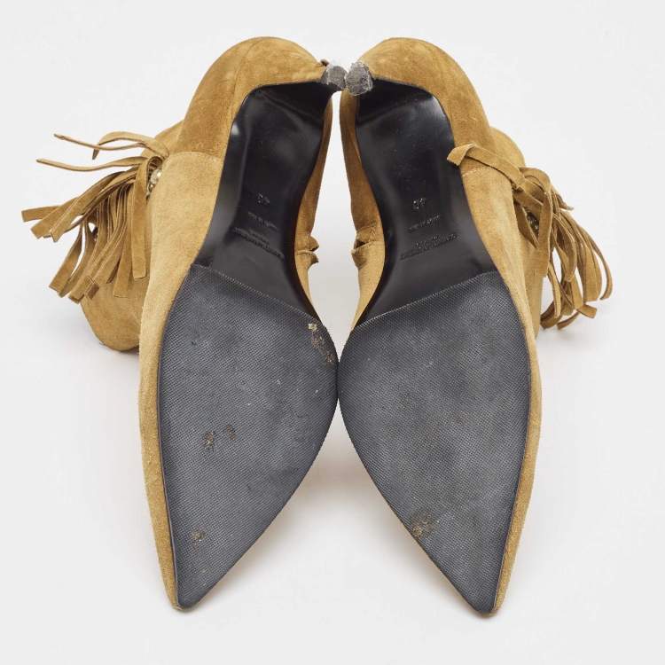 Pre Owned Saint Laurent Brown Suede Fringe Detail Pointed Toe Ankle Boots Size 40