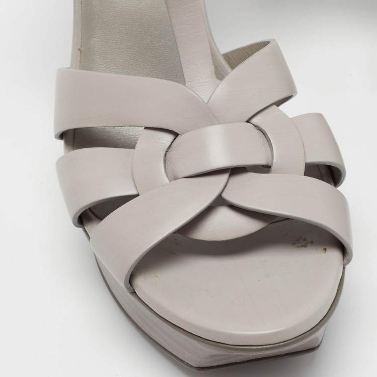 Pre Owned Saint Laurent Grey Leather Tribute Platform Sandals Size 38.5