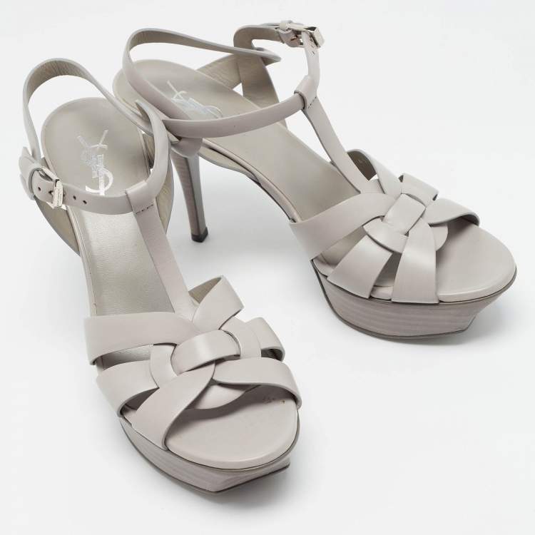 Pre Owned Saint Laurent Grey Leather Tribute Platform Sandals Size 38.5