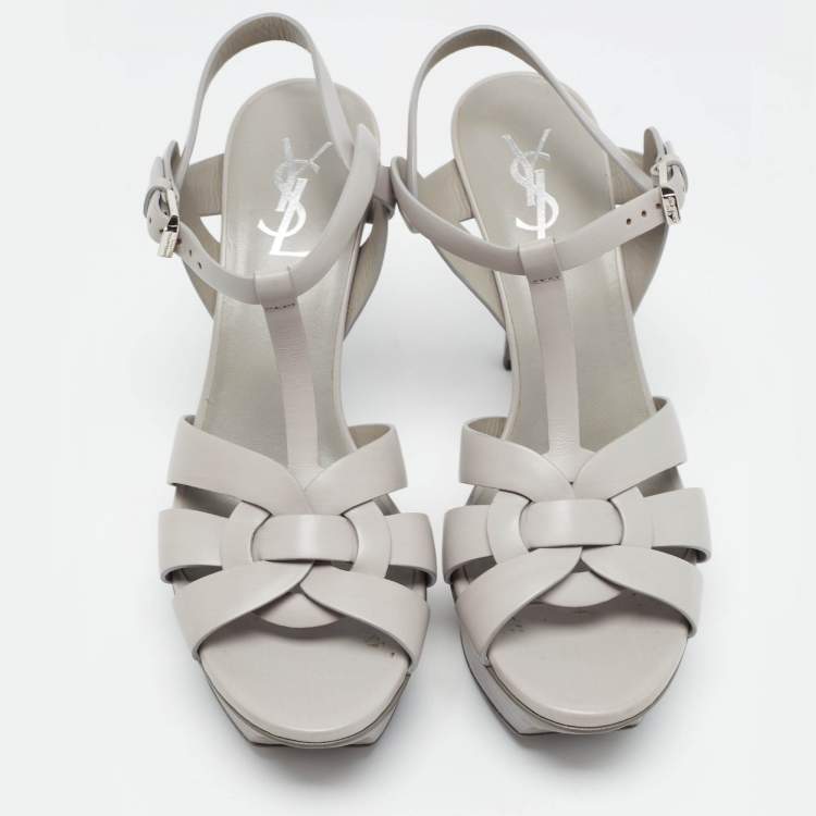 Pre Owned Saint Laurent Grey Leather Tribute Platform Sandals Size 38.5