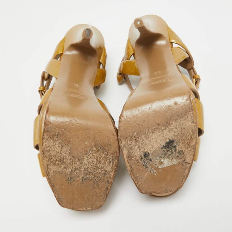 Pre Owned Saint Laurent Gold Patent Leather Tribute Platform Sandals Size 38