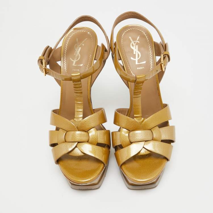 Pre Owned Saint Laurent Gold Patent Leather Tribute Platform Sandals Size 38