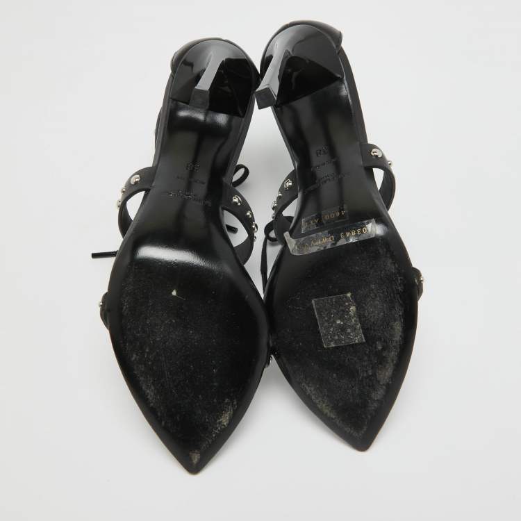 Pre Owned Saint Laurent Black Leather iris Studded Ankle Strap Sandals Size 38
