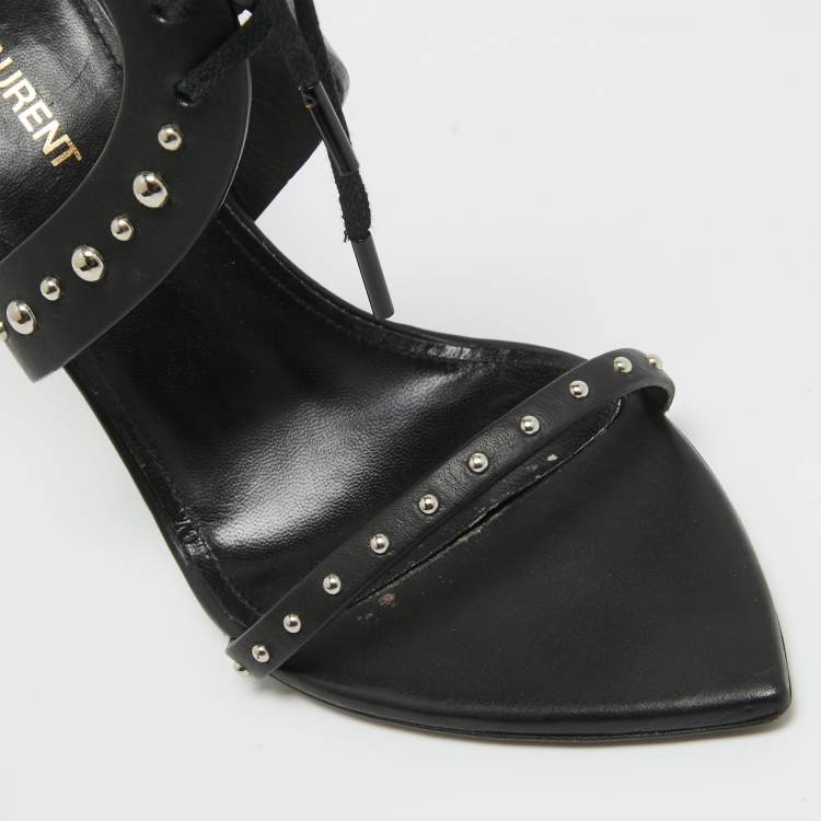 Pre Owned Saint Laurent Black Leather iris Studded Ankle Strap Sandals Size 38