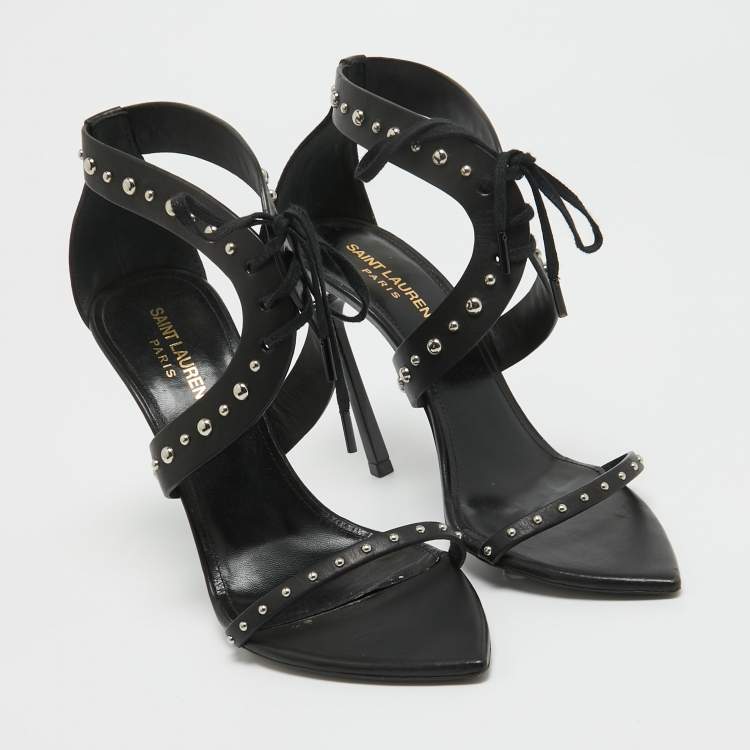 Pre Owned Saint Laurent Black Leather iris Studded Ankle Strap Sandals Size 38