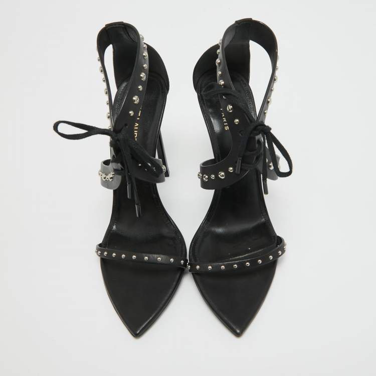 Pre Owned Saint Laurent Black Leather iris Studded Ankle Strap Sandals Size 38