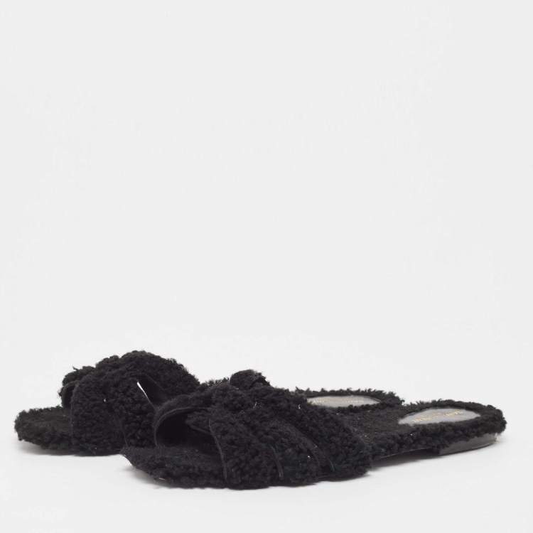 Pre Owned Saint Laurent Black Fur Tribute Flat Slides Size 39  