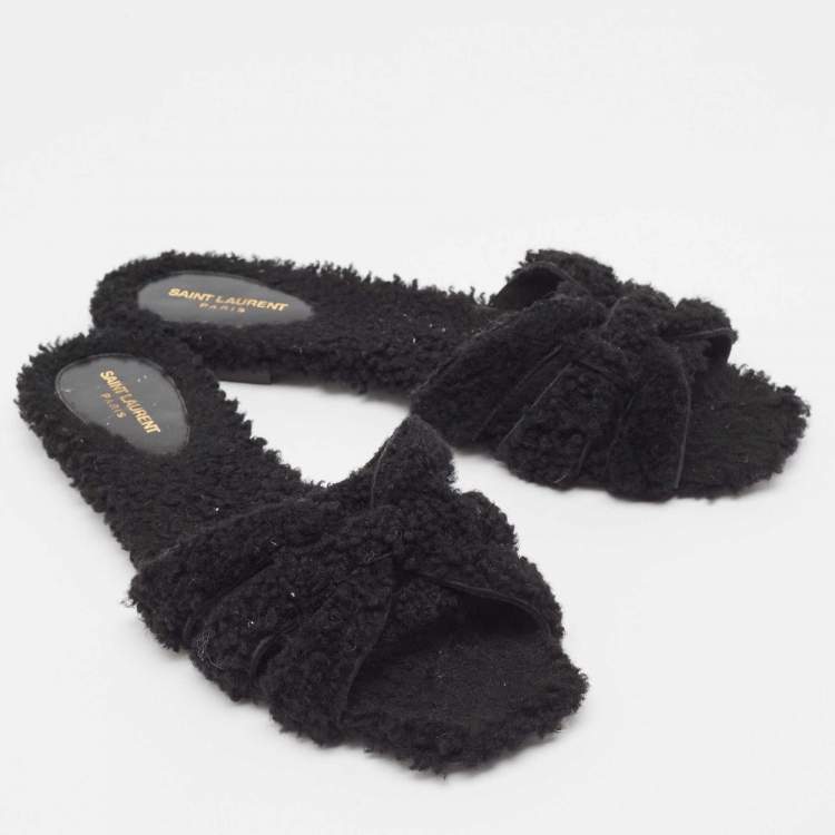 Pre Owned Saint Laurent Black Fur Tribute Flat Slides Size 39  