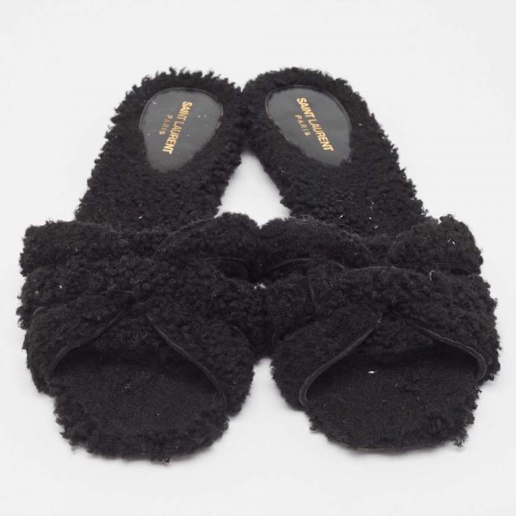 Pre Owned Saint Laurent Black Fur Tribute Flat Slides Size 39  