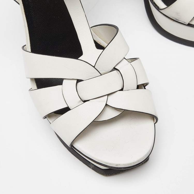 Pre Owned Saint Laurent White Leather Tribute Ankle Strap Sandals Size 37