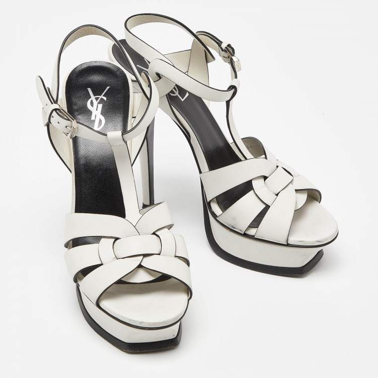 Pre Owned Saint Laurent White Leather Tribute Ankle Strap Sandals Size 37