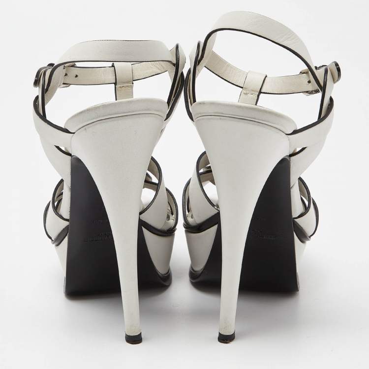 Pre Owned Saint Laurent White Leather Tribute Ankle Strap Sandals Size 37