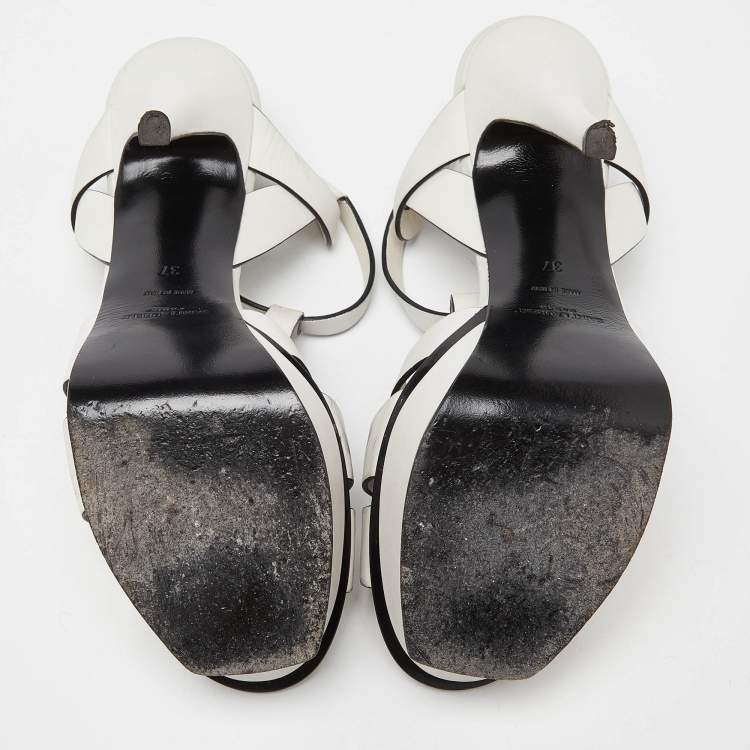 Pre Owned Saint Laurent White Leather Tribute Ankle Strap Sandals Size 37