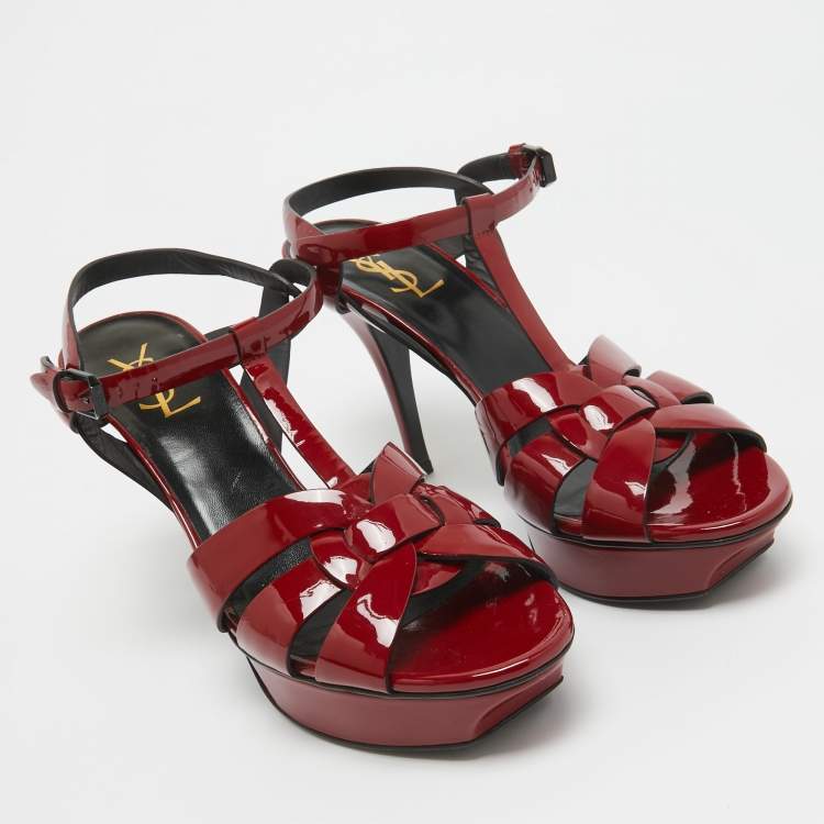 Pre Owned Saint Laurent Dark Red Patent Leather Tribute Sandals Size 40