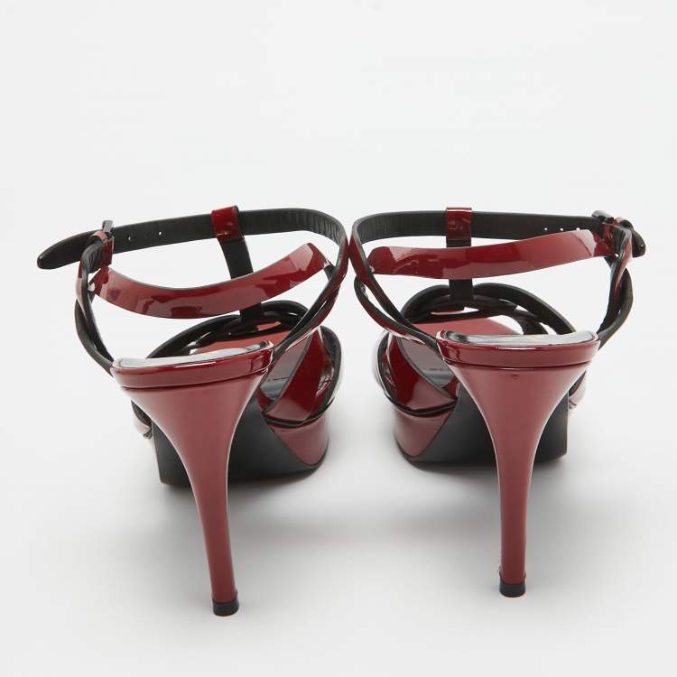 Pre Owned Saint Laurent Dark Red Patent Leather Tribute Sandals Size 40