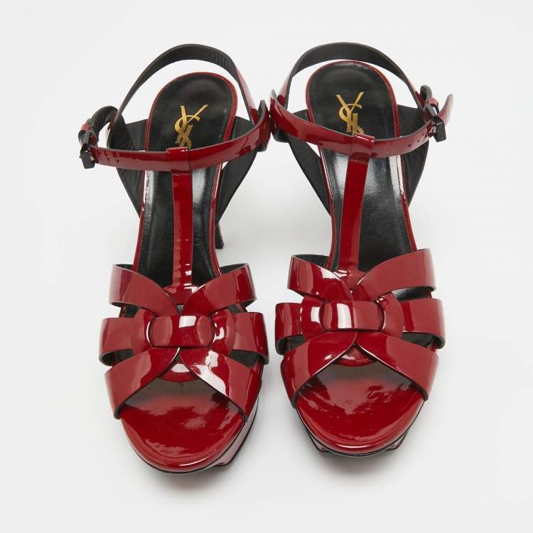 Pre Owned Saint Laurent Dark Red Patent Leather Tribute Sandals Size 40