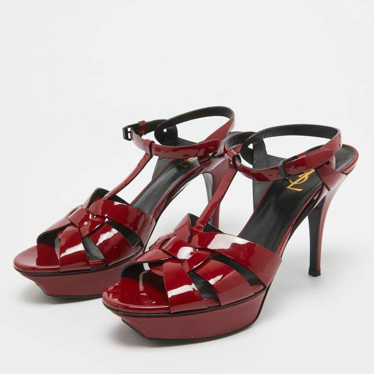 Pre Owned Saint Laurent Dark Red Patent Leather Tribute Sandals Size 40