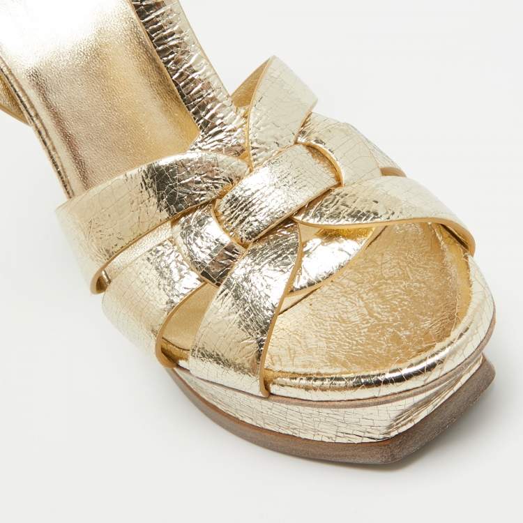 Pre Owned Saint Laurent Gold Textured Leather Tribute Sandals Size 38