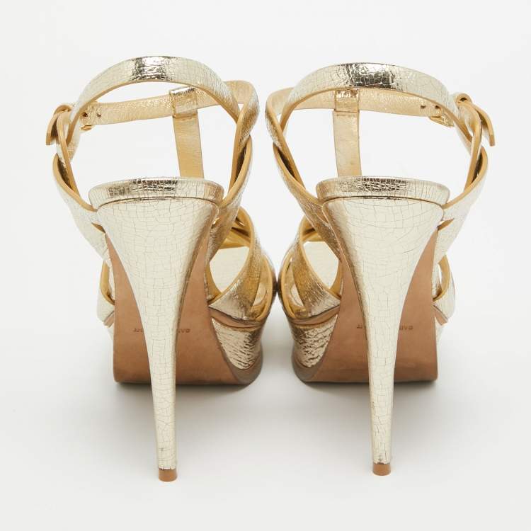 Pre Owned Saint Laurent Gold Textured Leather Tribute Sandals Size 38